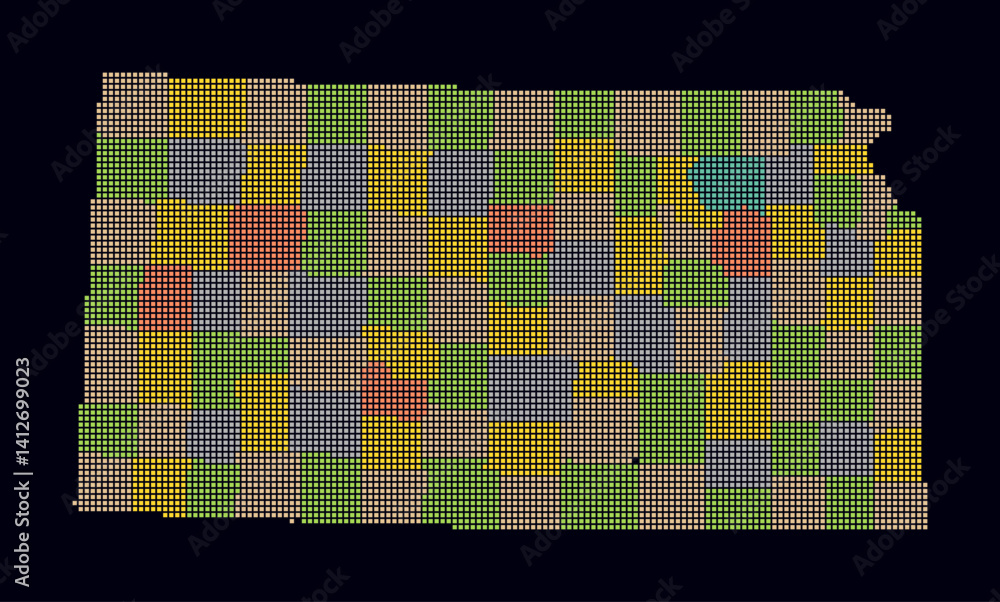 Poster kansas dotted map. digital style map of the state on dark background. kansas shape with square dots.
