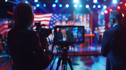 Election night coverage with analysts discussing results on TV. stock image, hd quality, natural look,