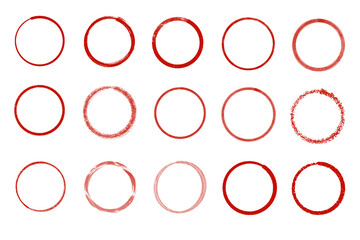A set of red round circles with different types of texture isolated from the background. grunge abstract stroke