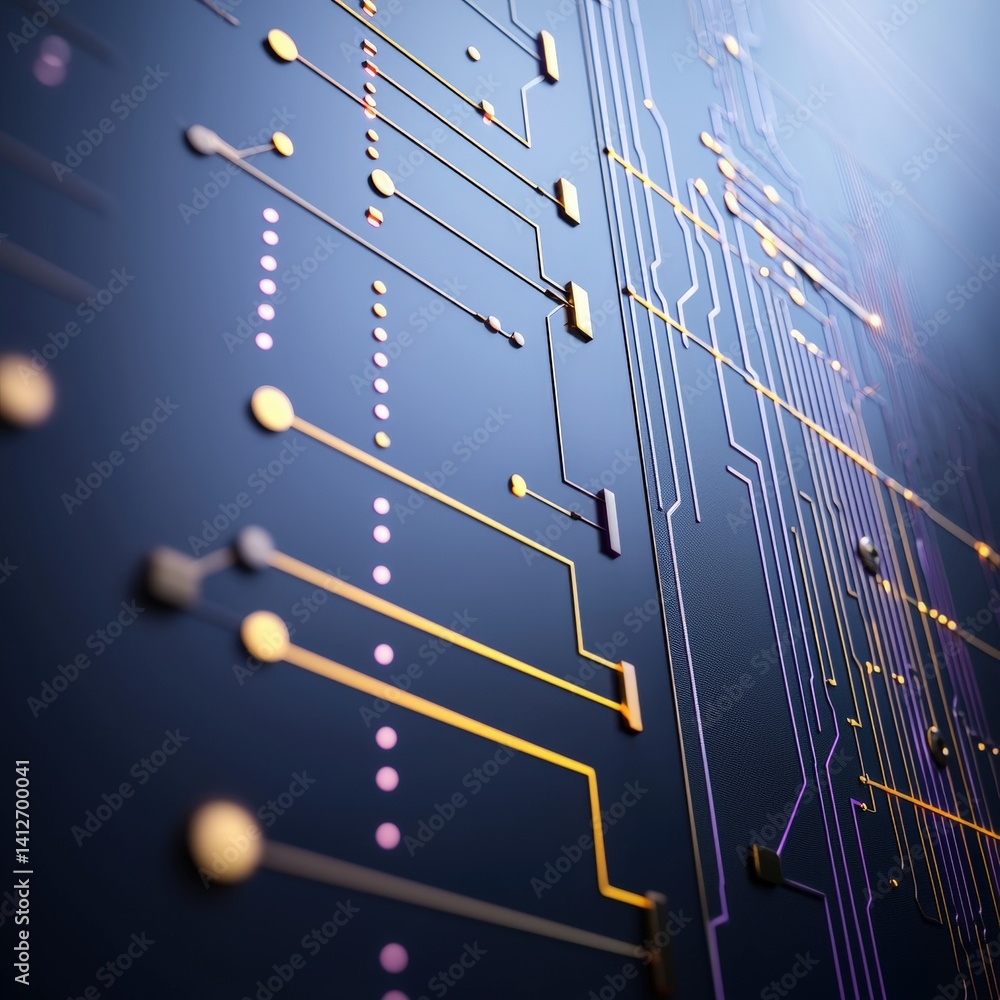 Poster advanced electronic circuit board with complex pathways, microchips, and technological components re