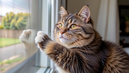 Adorable Tabby Cat Gazing Outside Through a Window with Bright Eyes and Soft Fur Texture