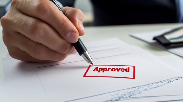 Close-up of Hand with Pen Marking 'Approved' on Document Shows Acceptance