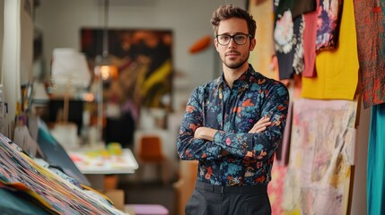 Obraz premium A stylish European male fashion designer poses confidently in his creative studio, surrounded by vibrant textiles and artistic decor, showcasing modern fashion.