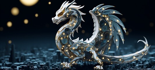 Fototapeta premium Paper quilling moon Dragon Nano Robot full body in a sea of diamonds, ai generative