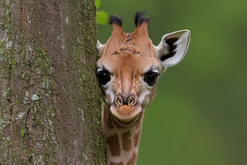 Obraz premium Baby giraffe playfully peeking from behind a tree in a lush green environment