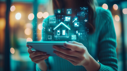 A woman holds an iPad with icons of money, houses, and social media floating above her hand. She wears white long sleeves.