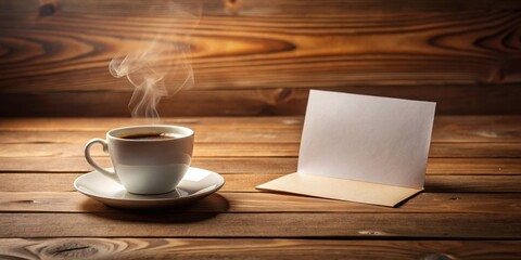 A steaming cup of coffee rests beside a blank card on a rustic wooden surface