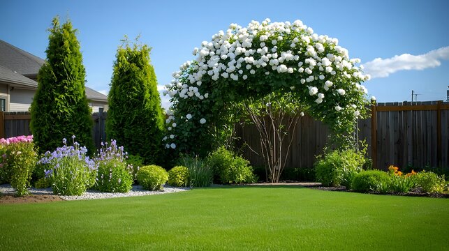 Lush backyard with vibrant flowers, trimmed hedges, green lawn, and a clear blue sky above