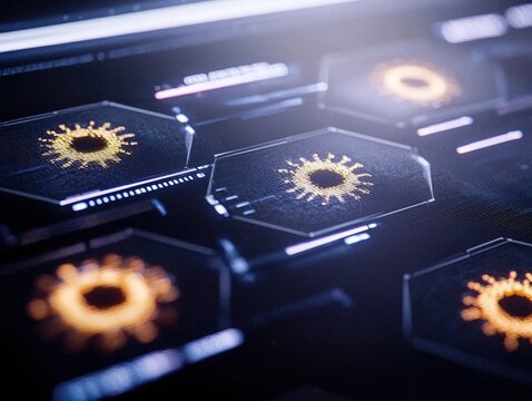 Close-up of digital virus icons displayed on futuristic holographic interface with glowing data graphics and hexagonal elements in a technological concept - Powered by Adobe