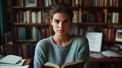 A serene portrait of a young European female writer engrossed in a book, showcasing her deep thought and creativity in a cozy library setting.