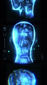 A tech HUD screen with pulsating digital interface elements and grid, featuring a holographic spinning female head.
