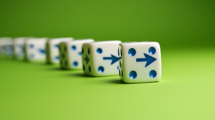 A row of white dice with blue arrows on the sides, each pointing in different directions against a green background. The dice have rounded edges and a simple design, with one having an arrow symbolizi