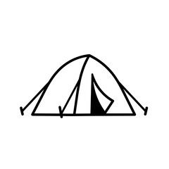 Simple black line drawing of a tent in a minimalist style  