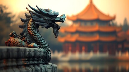 Fototapeta premium Elegant Dragon Sculpture with Traditional Pagoda in Serene Chinese Setting