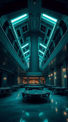 Fototapeta premium cool futuristic brutalism building design for a restaurant, created by generative ai