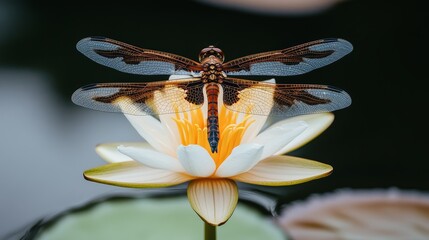 Fototapeta premium A serene and reflective water scene features a dragonfly resting on a lotus