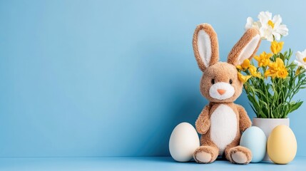 Obraz premium Easter celebration with decorative pastel eggs and bunny indoor still life springtime cheerful vibe