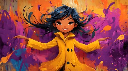 anime girl in yellow raincoat with arms outstretched in front of