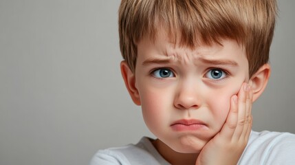 little boy presses hand to cheek, suffers from pain in tooth isolated on gray studio background. Teeth decay, dental problems, child emotions and facial expression