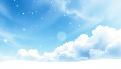 Obraz premium Blue sky with white fluffy clouds. Snowfall, blizzard, blizzard, snowflakes, flakes of snowfall. Snowy winter background. Frost, cold frozen ice