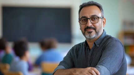 A middle-aged male teacher poses confidently in a classroom, showcasing his professionalism and dedication to education, engaged in the learning process.
