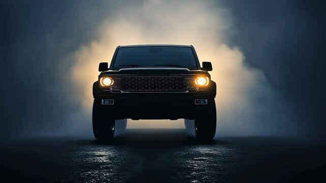Powerful black pickup truck gradually emerges from a dense smoky atmosphere, its headlights illuminating the scene, creating a dramatic and mysterious ambiance
