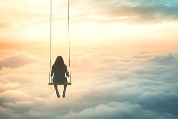 Woman Sitting on Swing Above Clouds, dreamy sunrise sky, solitude, relaxation