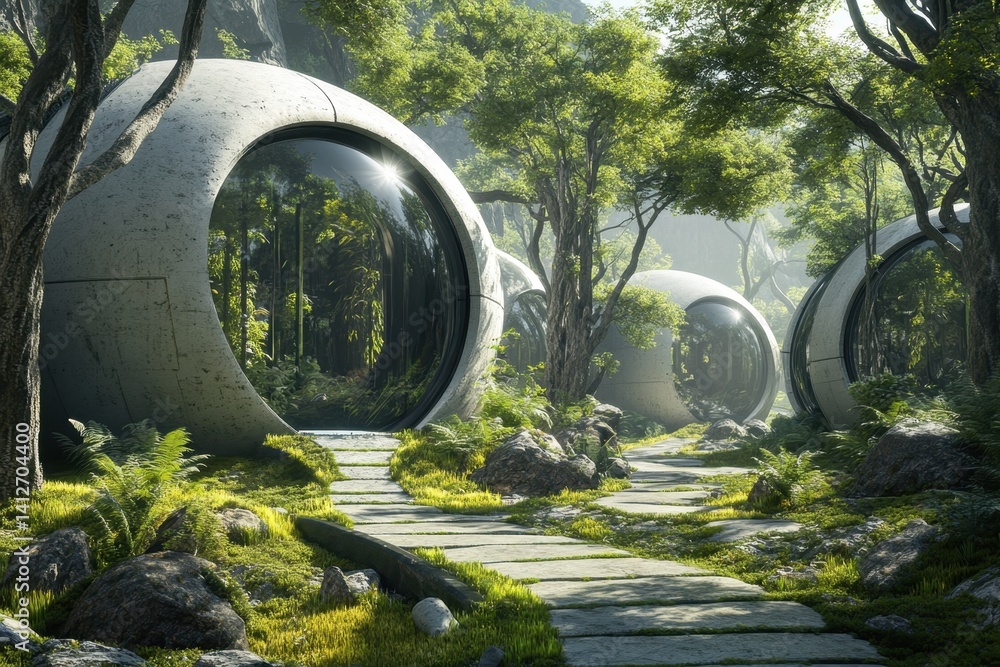 Poster modern architecture harmonizes with nature in a lush forest setting