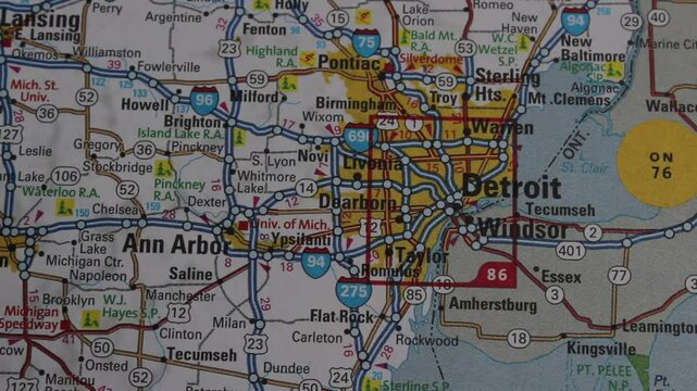 Close up of the USA on a map with Detroit in sharp focus. Detroit on a map 
