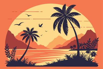 14 Retro sunset landscape, circular composition, tropical beach silhouette, palm trees, mountains, vibrant orange and yellow sky, gradient colors, minimalist design, vector art style, flat illustratio