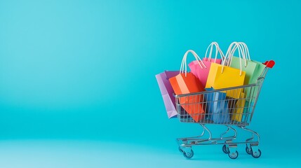 Colorful Shopping Bags and Cart on Minimalist Blue Background for Online Retail and E-commerce
