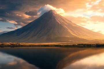 Mountains reflect in still waters during golden hour at a tranquil lake
