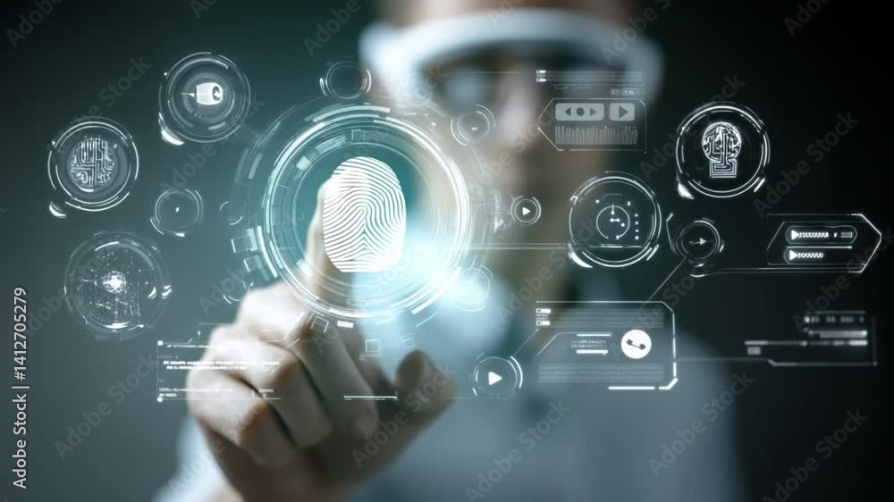Poster digital authentication: a futuristic, tech-savvy individual engaging with an interactive holographic
