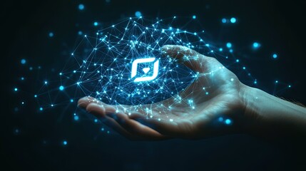 Holding the future: Conceptual illustration of a hand cradling digital network