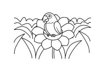 Simple Line Art Illustration Of Parrot On Flower Coloring Page Style