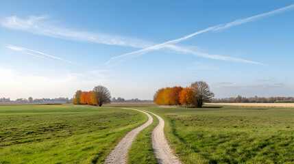 Autumn Country Road Through Fields
