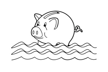 Black And White Piggy Bank Swimming In Water Line Art Illustration
