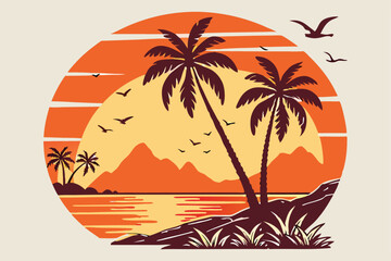14 Retro sunset landscape, circular composition, tropical beach silhouette, palm trees, mountains, vibrant orange and yellow sky, gradient colors, minimalist design, vector art style, flat illustratio