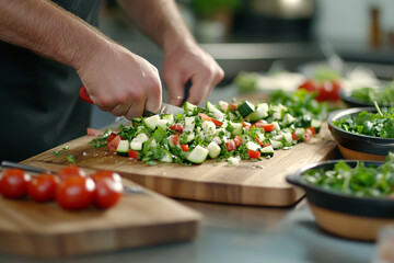 Person chopping vegetables skillfully in a busy kitchen while getting a minor cut on a finger
