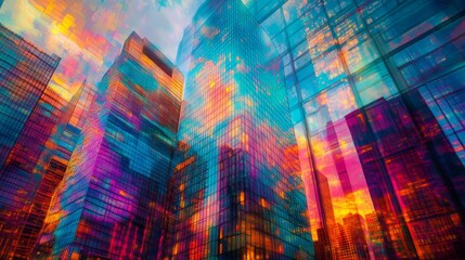 Colorful Cityscape at Sunset: Vibrant Skyscrapers Reflecting Light