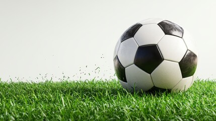 Obraz premium A soccer ball sits on the grass as blades of grass appear to fly around it, symbolizing movement and vigor
