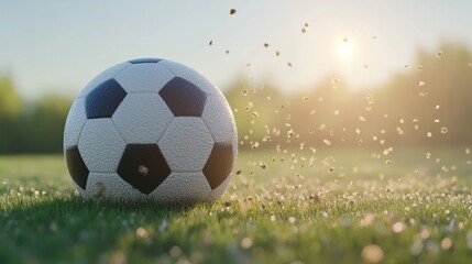 Naklejka premium A soccer ball resting on the grass is surrounded by flying blades, which serve to convey a strong sense of motion and dynamic energy