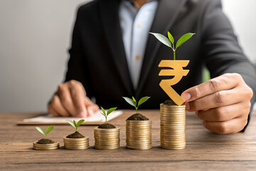 Indian Rupee Investment Growth Concept with Coin Stacks and Plants