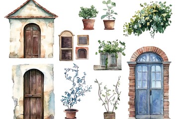 Watercolor illustrations of rustic doors, windows, plants, and building elements.