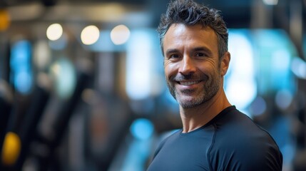 A fit European man in his late 30s smiles confidently in a gym setting, showcasing a healthy lifestyle and vibrant energy in this engaging portrait.