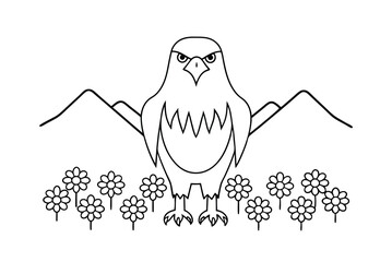 Grumpy Eagle In Flower Field Black And White Mountain Backdrop Illustration