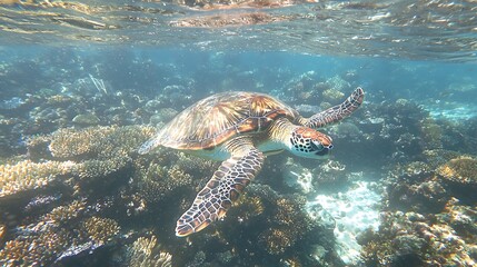 Obraz premium Underwater sea turtle swimming over coral reef.
