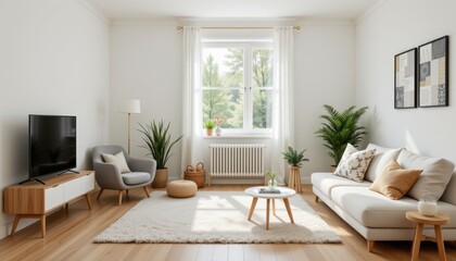 Modern Minimalist Living Room Interior Design with Comfortable Sofa and Large Window