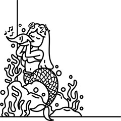 Mermaid cartoon outline corner border frame 