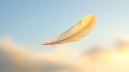 Fototapeta premium Golden Feather Floating Gracefully Against a Clear Blue Sky at Sunset